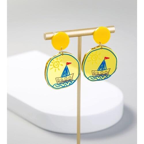 2021 Art Doodle Resin Sun Sail Boat Pattern Earrings Print Geometry Round Shape Acrylic Diy Jewelry Earring Garment Accessory