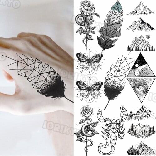 Geometric Leaf Small Temporary Tattoos For Women Men Snake Butterfly Flower Mountain Fake Tattoo Sticker Hands Legs Tatoos Charm