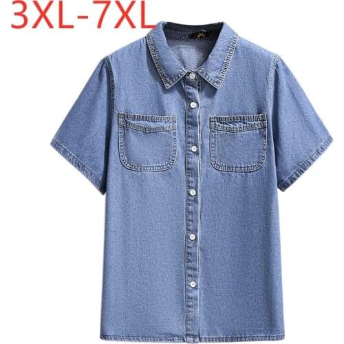 New 2021 Ladies Summer Plus Size Tops For Women Large Short Sleeve Loose Cotton Pocket Blue Denim Shirt 3XL 4XL 5XL 6XL 7XL