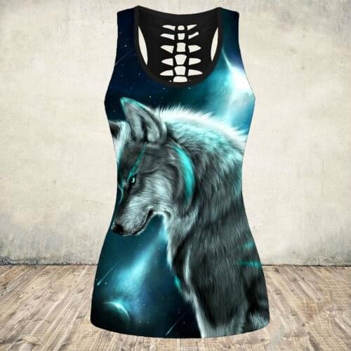 Tank Top Women Wolf Print Hollow Out Off Shoulder O Neck Harajuku Shirt Streetwear Casual Femeale Sleeveless Tops Vest Shirts