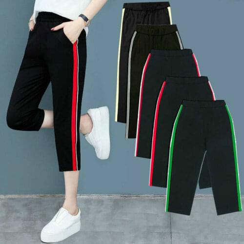 Women Pants Cropped Spring Summer Sports Pants Pants Straight Pants Striped Black Casual Pants Pantalones De Mujer