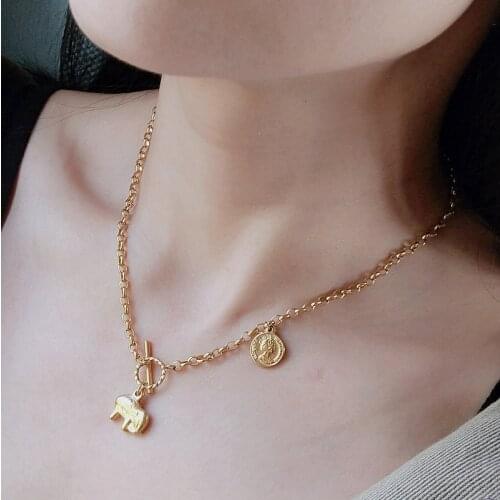 Stainless Steel Lucky Elephant Pendant Necklace for Women Gold Color Coin Charm Short Choker Womens Necklaces Jewelry Gifts