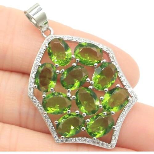 53x26mm Luxury Jewelry Set Big 13.7g Created Green Peridot White Cubic Zircon For Women Bride Wedding Silver Earrings Pendant