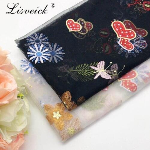 91x135cm Multi-color embroidery mesh fabric with love flowers patten diy girls clothes women dress kids' wear sewing supplies