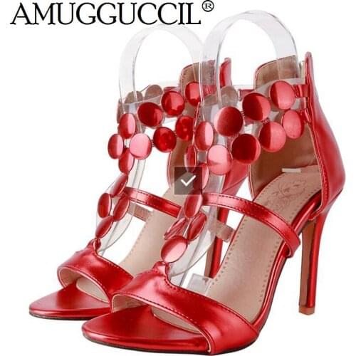 Plus Big Size 32-46 Gold Red Silver Zip Fashion Sexy High Heel Summer Female Lady Women Sandals L939