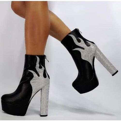 Newest Woman Platform Chunky Heel Ankle Boots Fashion Mixed Color Sexy Flame Fire Lady Short Boots Popular Female Booties