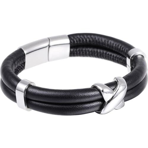 Granny Chic Fashion Stainless Steel Chain Genuine Leather Bracelet Men Vintage Male Double Layer Braid Jewelry for women