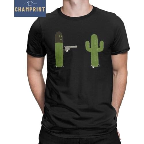 Funny Cactus Stick'em Up Gun T-Shirts Men Crewneck Cotton T Shirt Short Sleeve Tees Plus Size Clothes