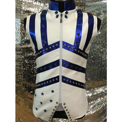 Customized Mens Leather Vest costumes Nightclub Male Singer Dance stage wear Rhinestone performance Outerwear