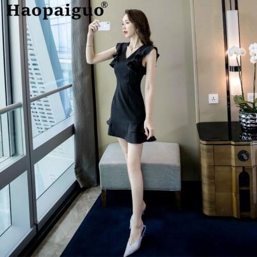 Corset Elegant Evening Formal Party Dress Women Sleeveless Solid Ruffles Bodycon Wrap Dress Women Slim Korean Style Black Dress