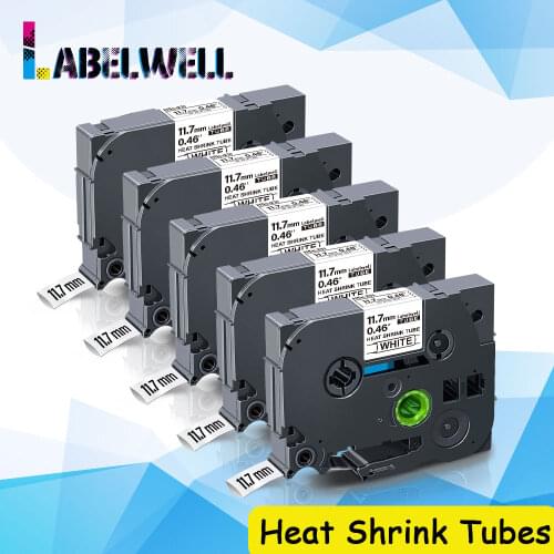 Labelwell 5Pcs Hse-231 Hse231 Black on White Heat Shrink Tubes for Brother Hse 231 11.7mm tapes for Brother P-Touch label maker