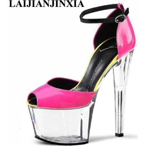 LAIJIANJINXIA Women Sexy PU Leather Platform Sandals Dancing Shoes 15cm High Heels Peep Toe Shoes Party Queen Pole Dance Shoes