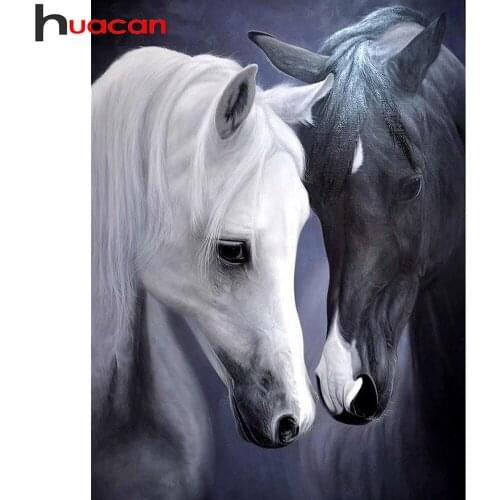 Huacan Diamond Painting Kit Horse Black White Square/round Embroidery Animal Mosaic Crystal Gift Diamond Art