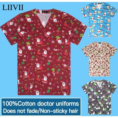 Nurse V-neck Pocket Doctor Clothes Cartoon Christmas Printing Nursing Scrubs Tops T Shirt Casual Short Sleeved Scrubs Uniforms