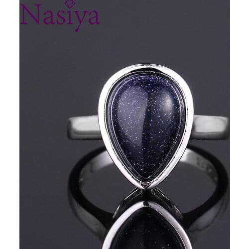 Genuine 925 Sterling Silver Jewelry Water Drop Blue Sandstone Rings For Women Fine Jewelry Anniversary Gift Wholesale