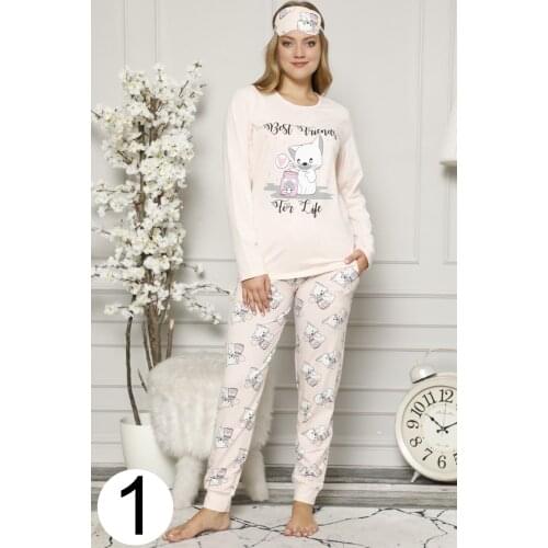 Long Sleeve Lycra Cotton Ladies Pajamas Set Bottom Top Suit Eye Band Gift Women Gift Set Pajama Set 4 seasons