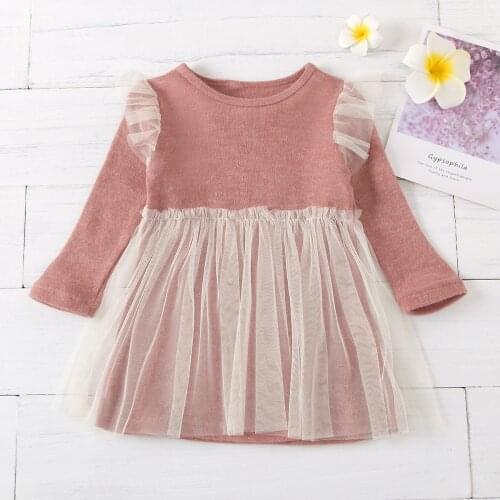 Girls' Knitted Long Sleeves Party Mesh Patchwork Princess Dresses Casual Cotton Outfits Baby Lovely Suits