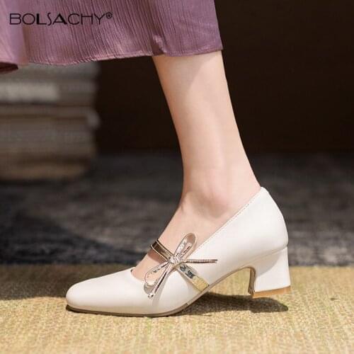 Shoes Women Square Heels High Square Toe Wedding Party Derss Shoes Slip-on Bow Classic Pumps 2021 Spring New Beige Black 31-43