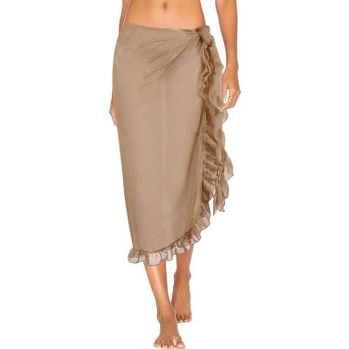 Women Solid Color Beach Long Skirt Ruffles Sarong Wrap Bikini Cover Up Swimsuit