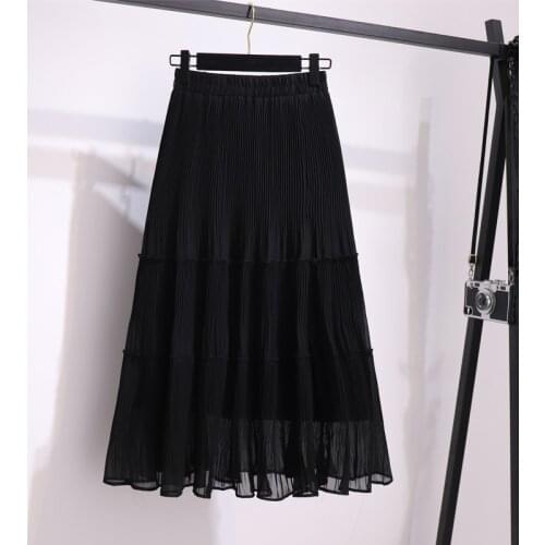 High Waist Solid Casual Midi Skirt Summer Skirts Womens 2021 New Elastic Woman Skirts Elegant Frill Trim Chiffon Pleated Skirt