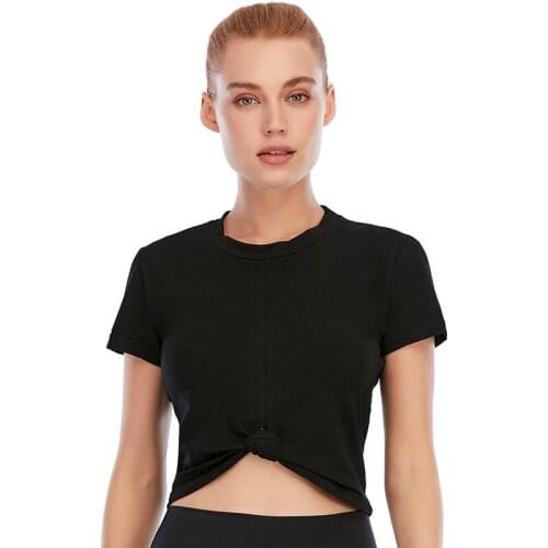 Fitness Women Sport Top Knot Short Sleeve Yoga Shirt Solid Breathable Cotton Sportswear Workout Gym Wear