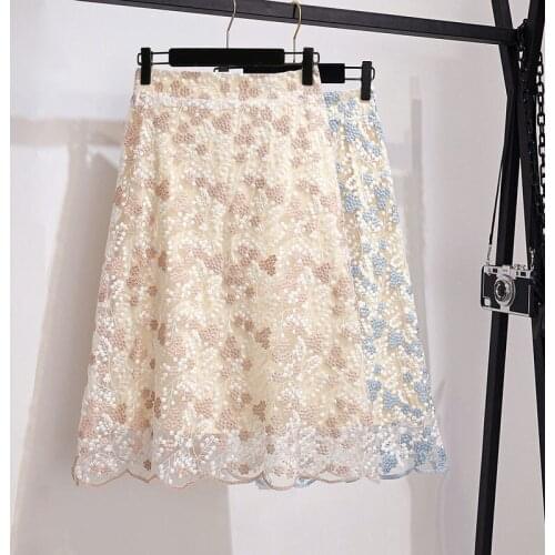 2021 Women Spring Summer Fresh Floral Heavy Embroidery Skirt Lady Lace Skirt Mid-length Skirt A-line Large Hem Slim Fairy Skirt