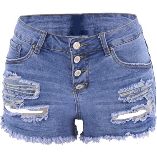 2021 New Summer Women Vintage Button Fly Denim High Waist Wash Hole Rolled Hem Jeans Shorts