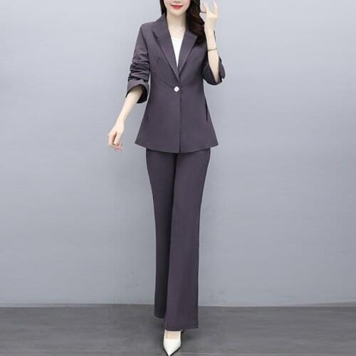 2021 Spring Autumn Blazer + Straight Pant Two Peice Set Women Casual Office Lady Suit Jacket High Waist Pants