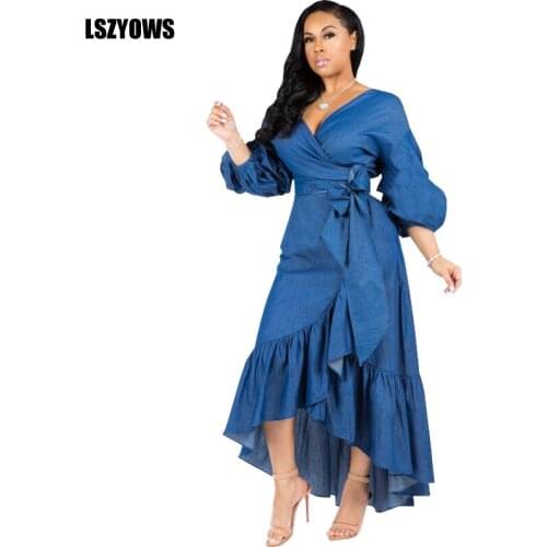 2021 Autumn Winter Denim Long Dresses Women V-Neck Lantern Sleeve Bandage Party Dress Irregular Ruffle Maxi Jeans Dress Vestidos