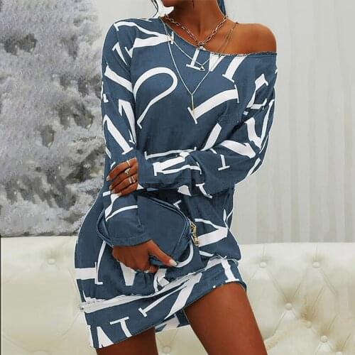 Letter Printed Long Sleeve Dress Vintage O Neck Mini Dresses For Women 2021 Plus Size Office Lady Loose Dresses Vestidos