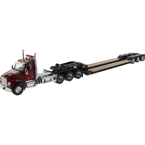 1:50 scale T880 SFFA Radient Red DayCab Tridem Tractor With XL 120 Lowboy HDG Trailer - Outrigger Style - with 2 Boosters