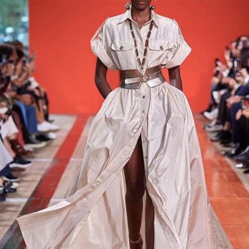 Fashion Designer 2021 Vintage Dress Women Short Sleeve Solid Pockets Single Breasted High Street Belt Full Dresses