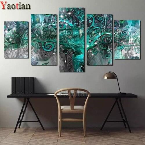 5D DIY Full Drill Diamond Painting Abstract Green Magic Tree Cross Stitch 5 Panels diamond Embroidery Kit Living room decoration