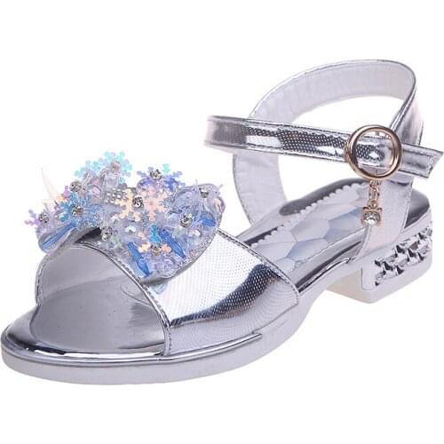 Big Girl Princess Sequins Bow Heel Wedding Shoes Little Girls Kid Leather Sandals Child Summer Shoe 4 5 6 7 8 9 10 11 12 Years