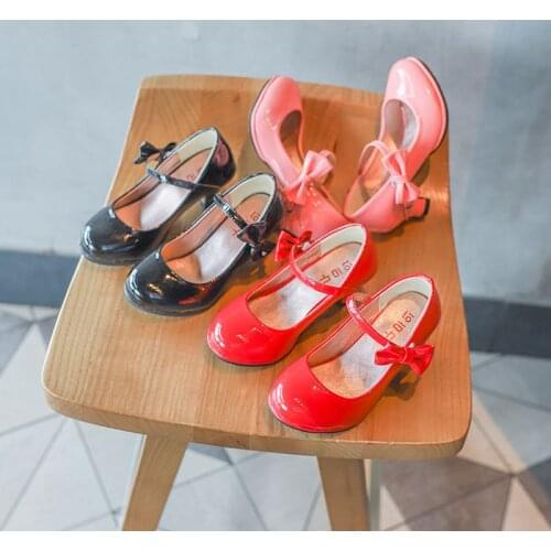 Elegant High Heels Kids Dress Shoes Patent Leather Bow Tie Girls Sandals Wedding Party Girls Princess Sweet Sandals EUR 26-35