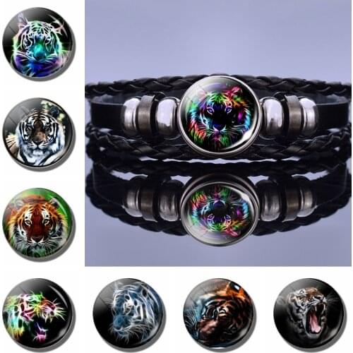 Colorful Tiger Pattern Black Leather Bracelets Fashion Punk Glass Cabochon Jewelry Weave Bangle Bracelet Men Husband Gifts