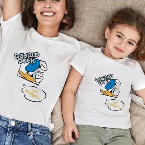 Summer Family T Shirts Mother Daughter Short Sleeve White O-neck Donald Duck Print Baby Kids Tshirts Family Matching Outfits