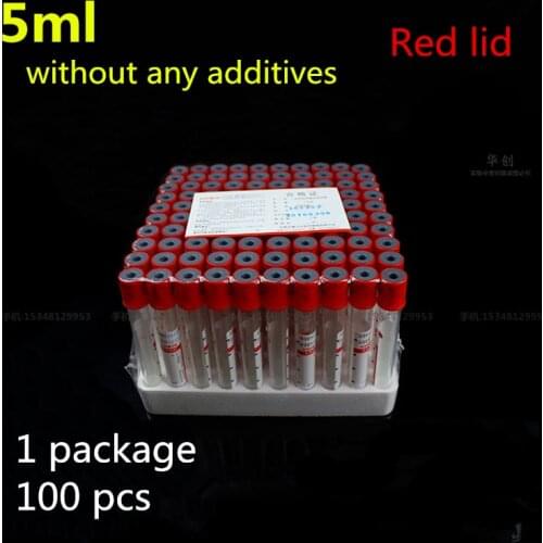 100pcs medicail Disposable Vacuum blood vessel common tube 5ml red cap without any additives Vacuum test tube Red lid Laborator