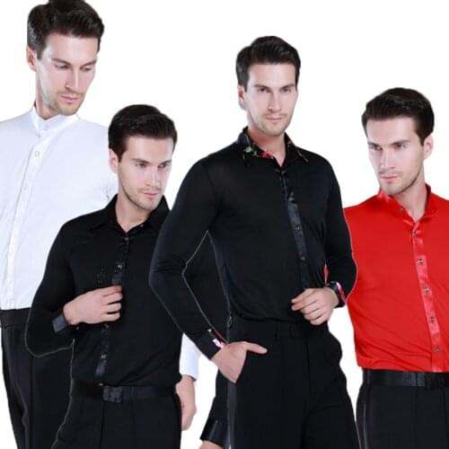 Mens Latin Dance Shirt Boy Mens Ballroom Shirts Modern Rumba Stage Wear Tango Salsa Dance Shirt Black White Red