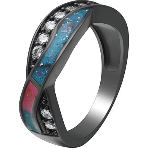 Mystery Rainbow Cross Fire Opal Ring Jewelry Black Gold Filled CZ White Zircon Stone Bands Party Cocktail Ring For Women Ringen