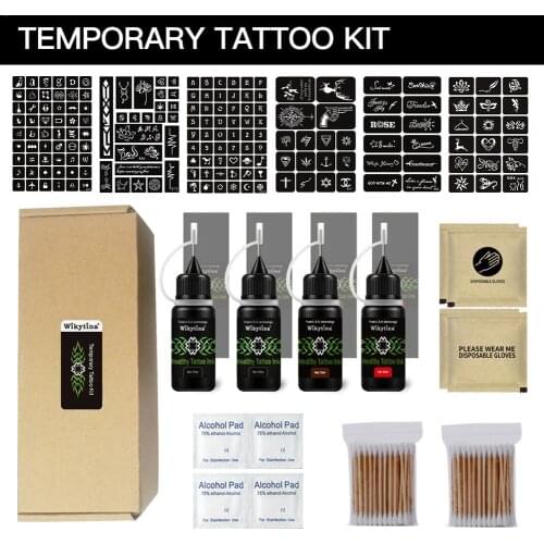 Temporary Tattoo Kit Semi-Permanent Tattoo Set with 171 pcs Free Tattoo Stencils Full Kit 4 Bottles (Black Red Brown)