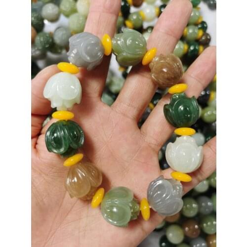 Natural hetian jade bracelet colorful hand-carved unique lotus bracelet for men women jadite jade beads bracelets jade jewelry