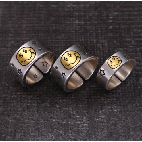 Original designer craft money stars poker smiling face opening adjustable ring unique creative punk style womens brand jewelry
