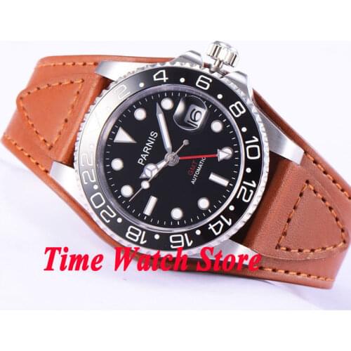 Parnis 40mm GMT 3804 Automatic Mens Watch Sapphire Glass Black Dial Ceramic Bezel Date Display Genuine Leather Strap Luxury