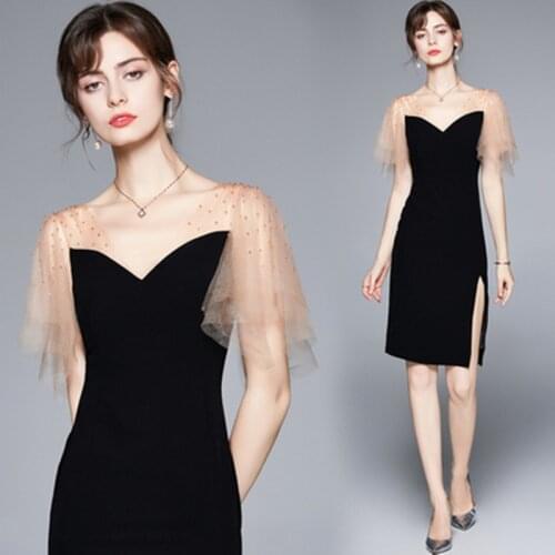 Design Summer Women See Through Mesh Splicing Dress Female Elegant V-Neck Lotus Leaf Sleeve Vintage Notched Vestidos Party Robe