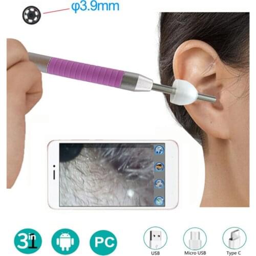 SieNSen 3.9mm Flexible Visual Camera 1.3 Mega Pixel Otoscope Mini Usb Camera for USB/Micro USB/Type C ER-006 Ear Cleaning Tool