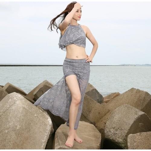 2019 Women Dance Wear Off-shoulder Top and Skirt Side Slit Belly Dance Costume Set for Girls Floral Lace Dress