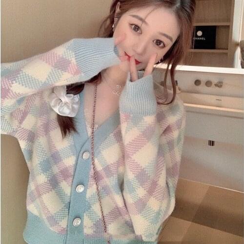 Hstar Vintage Plaid Knitted Cardigan Sweater Women Autumn Full Sleeve Casual Jumpers Korean Fashion Female Tops Jacket 2021