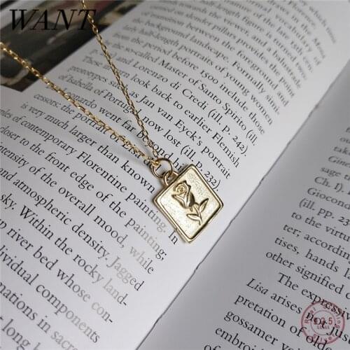 WANTME Hip Hop Real 925 Sterling Silver Square Rose Flower Chain Pendant Charm Necklace for Fashion Women Fine Jewelry Gift 2020