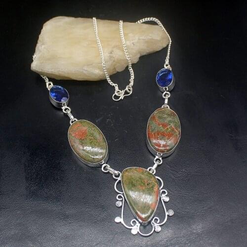 Hermosa Jewelry Natural Green Unakite BlueTopaz Silver Color Women Ladies Gifts Pendant Necklace Chain 38cm 20213446